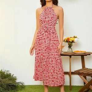 Backless Halter Picnic Dress in Gingham and Cherry Print with belted waist